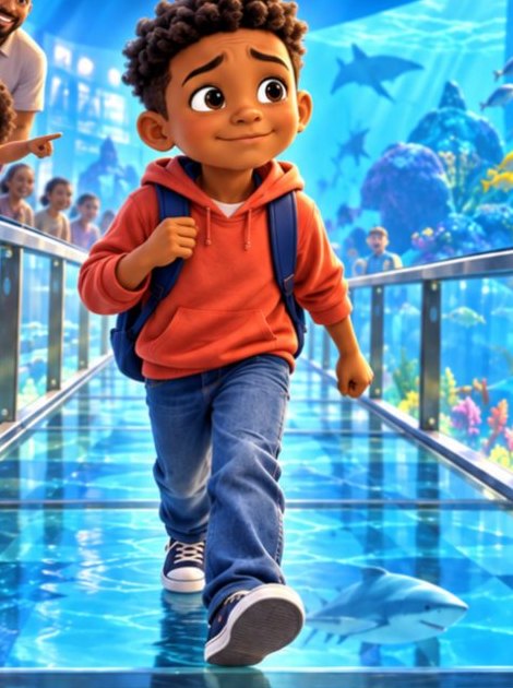 Illustration from the cover: the boy walks carefully across the glass shark bridge in his red hoodie, with a shark swimming below.