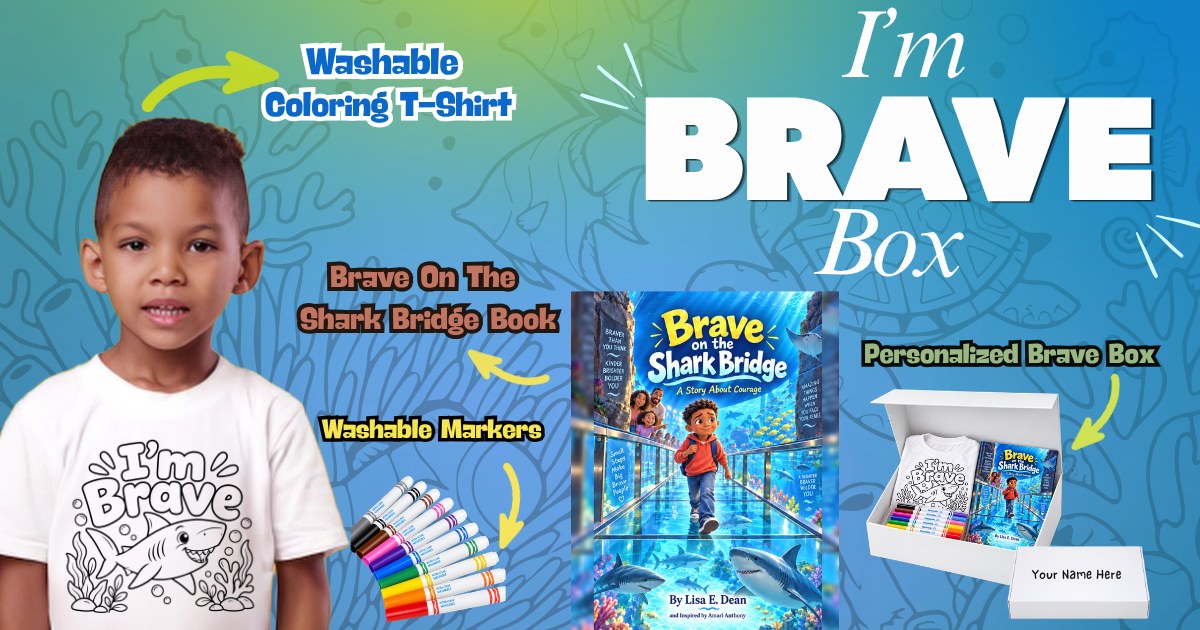 The I’m Brave Box: a white gift box personalized with a child’s name, holding the Brave on the Shark Bridge book, a washable coloring T-shirt with an ‘I’m Brave’ shark design, and a set of washable markers.