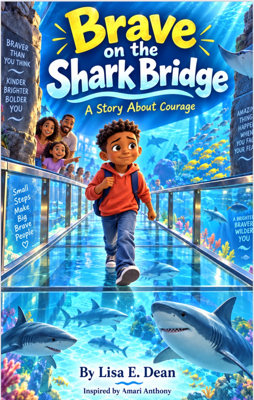 Front cover of Brave on the Shark Bridge by Lisa E. Dean: a smiling boy in a red hoodie walks across a glass bridge above friendly sharks while his family cheers him on.