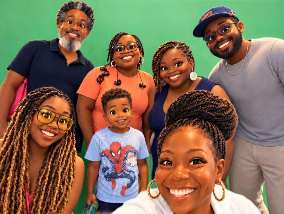 A cartoon-style illustration of Amari in his Spider-Man shirt, smiling in the middle of his family as they pose together on their aquarium trip.