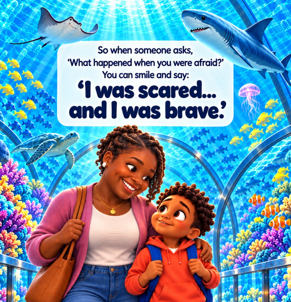 A page from the book: a smiling woman in a pink cardigan walks beside the boy in his red hoodie through the aquarium tunnel. The text reads: So when someone asks, ‘What happened when you were afraid?’ You can smile and say: ‘I was scared… and I was brave.’